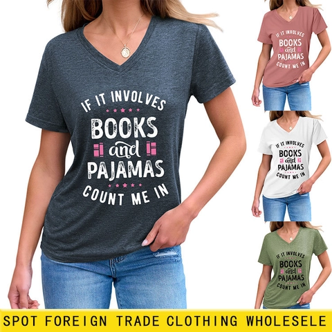 Women V Neck Short Sleeve T-Shirt Cotton Blend Letter Print Books Pajamas Casual Loose Summer Top
