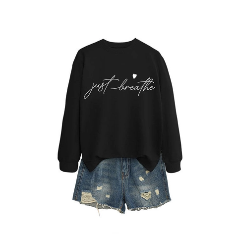 Felpa Just Breathe Stampa Cuore Da Donna Misto Cotone Manica Lunga Girocollo Pullover Casual Streetwear Top