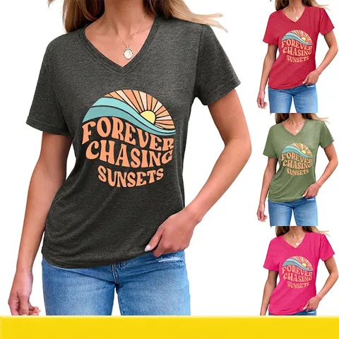 Women V Neck T Shirt Cotton Blend Short Sleeve Forever Chasing Sunsets Retro Graphic Print Summer Casual Loose Top
