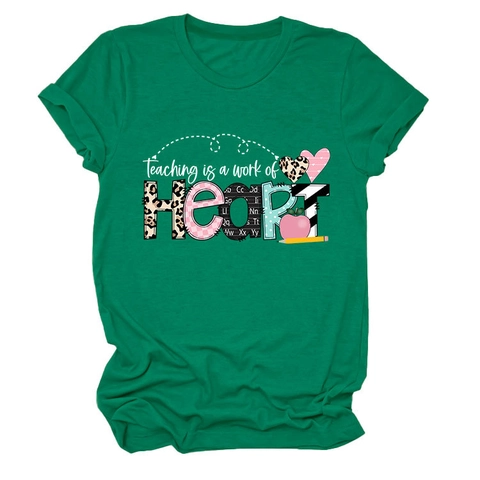 Women T-Shirt Teaching Is A Work Of Heart Print Round Neck Short Sleeve Loose Cotton Blend Casual Teacher Gift