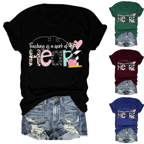 Women T-Shirt Teaching Is A Work Of Heart Print Round Neck Short Sleeve Loose Cotton Blend Casual Teacher Gift