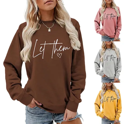 Felpa Girocollo Donna Let Them Stampa Cuore Pullover Vestibilità Ampia Casual Misto Cotone Top Manica Lunga