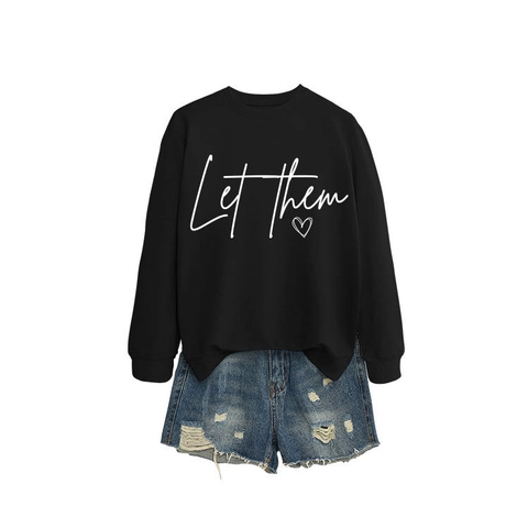 Felpa Girocollo Donna Let Them Stampa Cuore Pullover Vestibilità Ampia Casual Misto Cotone Top Manica Lunga