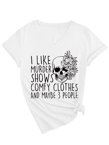 Women V Neck Short Sleeve T-Shirt Cotton Blend Skull Floral Graphic Print Casual Loose Fit Humor Slogan Top