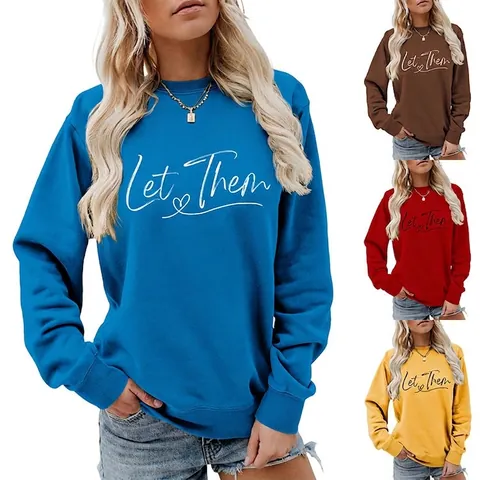 Felpa Donna Girocollo Maniche Lunghe Let Them Lettere Cuore Stampa Casual Largo Pullover Streetwear Misto Cotone Moda