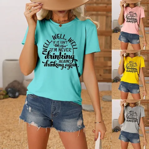 Camiseta De Mujer Manga Corta Mezcla Algodón Cuello Redondo Divertido Estampado Letras Camiseta Gráfica Top Casual Diario