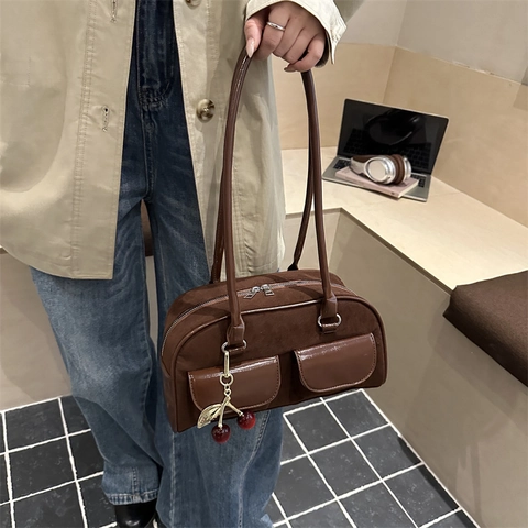 Vintage Underarm Bag Suede Patchwork PU Leather Front Pockets Cherry Pendant Retro Bowling Handbag For Women