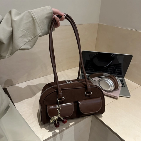 Vintage Underarm Bag Suede Patchwork PU Leather Front Pockets Cherry Pendant Retro Bowling Handbag For Women