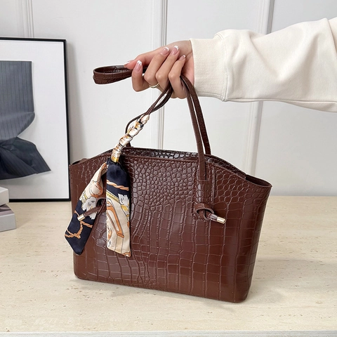 Damen Tote Bag Mit Krokodilprägung PU Leder Große Kapazität Schultertasche Mit Satinnschal Dekor Retro Elegant