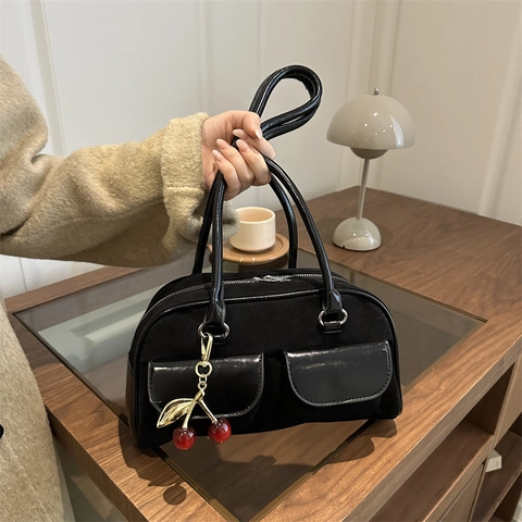 Vintage Underarm Shoulder Bag Suede PU Leather Mixed Texture Dual Front Pockets Cherry Charm Retro Style