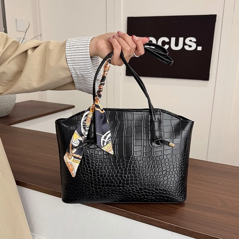 Retro Tote Tas Krokodillenpatroon PU Leer Grote Capaciteit Schoudertas Met Satijnn Sjaal Decor Elegante Handtas