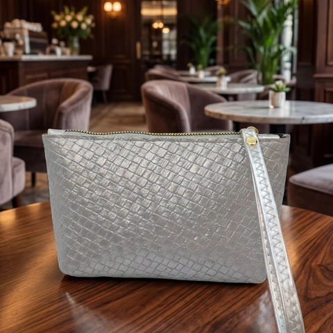 Damen Gewebte Kunstleder Clutch Tasche Mit Handgelenkschlaufe Metallreißverschluss Elegante Umschlag Handtasche
