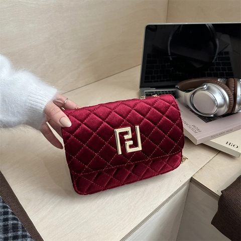 Borsa A Tracolla In Velluto Di Moda Borsa Incrociata Trapuntata A Rombi Piccola Borsa Quadrata Catena Metallo Vintage Per Donne