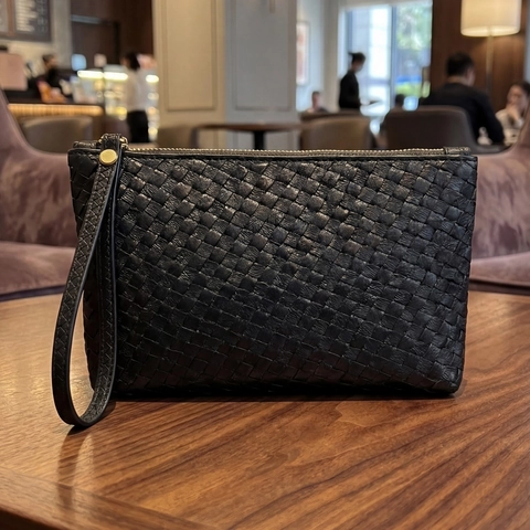 Damen Gewebte Kunstleder Clutch Tasche Mit Handgelenkschlaufe Metallreißverschluss Elegante Umschlag Handtasche