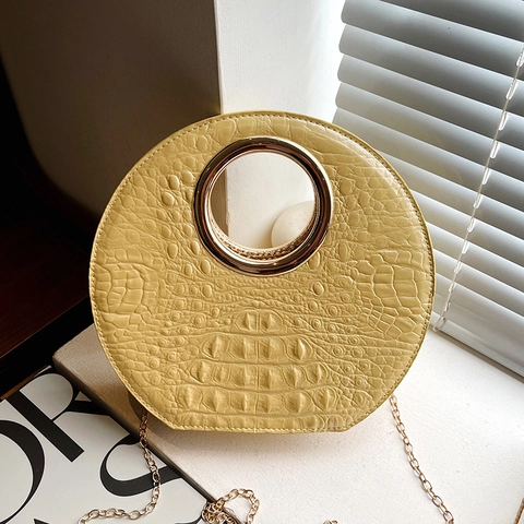 Women Elegant Metal Ring Handle Crossbody Bag Crocodile Embossed PU Leather Circular Handbag With Chain Strap Niche Design