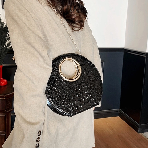 Women Elegant Metal Ring Handle Crossbody Bag Crocodile Embossed PU Leather Circular Handbag With Chain Strap Niche Design