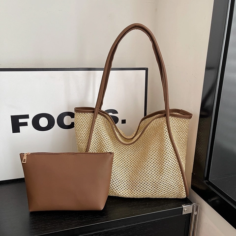 Woven Texture Tote Bag PU Leather Trim Large Capacity Retro Shoulder Handbag With Matching Inner Pouch Women Casual Urban
