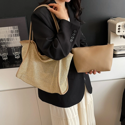Woven Texture Tote Bag PU Leather Trim Large Capacity Retro Shoulder Handbag With Matching Inner Pouch Women Casual Urban