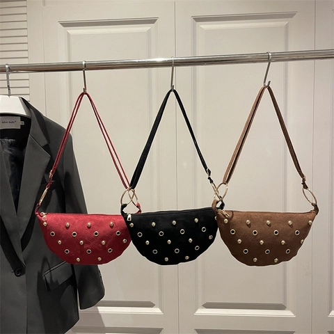 Women Vintage Suede Half Moon Shoulder Bag Retro Rivet Decor Commuter Hobo Bag For Daily Use Crossbody Bag Solid Color