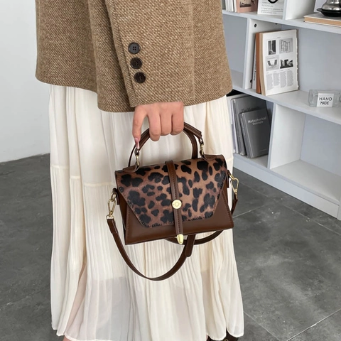 Women Retro Litchi Texture PU Leather Handbag Elegant Top Handle Shoulder Crossbody Bag Minimalist Square Flap Purse