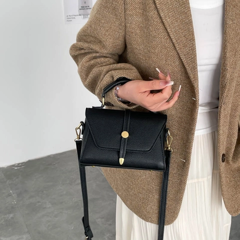 Women Retro Litchi Texture PU Leather Handbag Elegant Top Handle Shoulder Crossbody Bag Minimalist Square Flap Purse