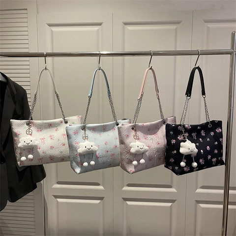 Damen Tote Bag Mit Blumenmuster Schleife Und Wolkenanhänger Große Kapazität Gesteppte Kette Schultertasche Für Alltag Schule
