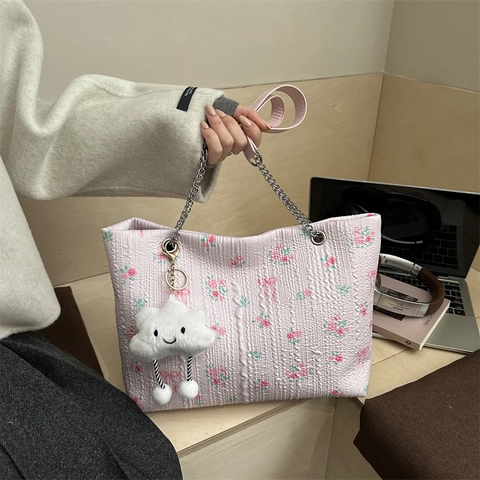 Borsa Tote Stampa Floreale Tessuto Trapuntato Fiocco Grande Capacità Catena Borsa A Spalla Con Ciondolo Nuvola Dolce Donna