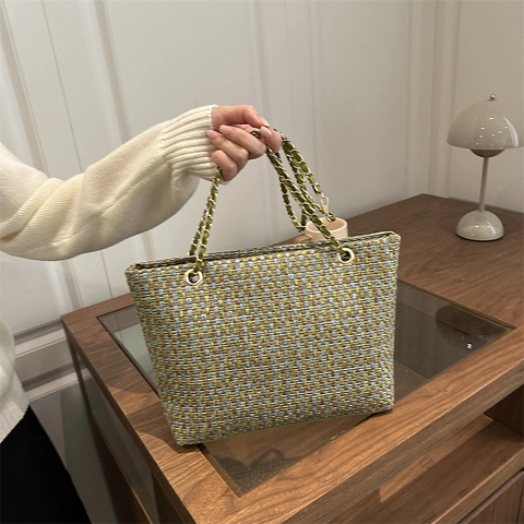 Frauen Tweed Gewebte Handtasche Große Kapazität Metallkette Umhängetasche Minimalistische Pendler Tote