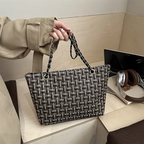 Bolso Tote Mujeres Tweed Tejido Cuadros Gran Capacidad Cadena Metal Bandolera Retro Elegante Casual Moda Callejera