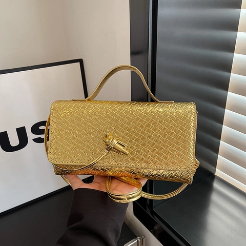 Women Woven PU Leather Crossbody Bag Chic Fashion Small Square Shoulder Handbag With Metal Knot Buckle