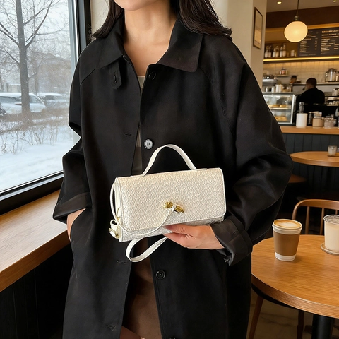 Women Woven PU Leather Crossbody Bag Chic Fashion Small Square Shoulder Handbag With Metal Knot Buckle