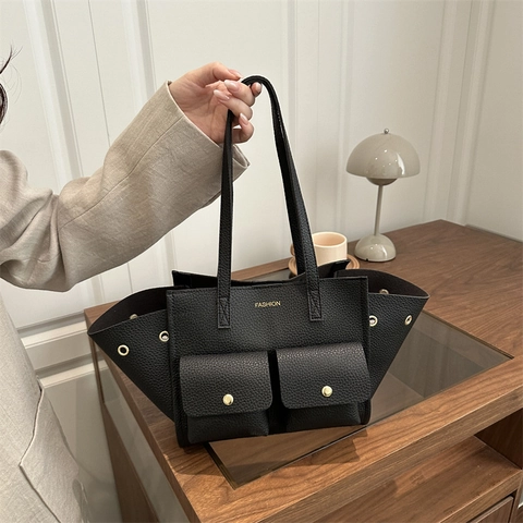 Damen Tote Bag Lychee Muster PU Leder Doppelter Vordertaschen Große Kapazität Pendler Lässige Mode Handtasche Geflügeltes Design