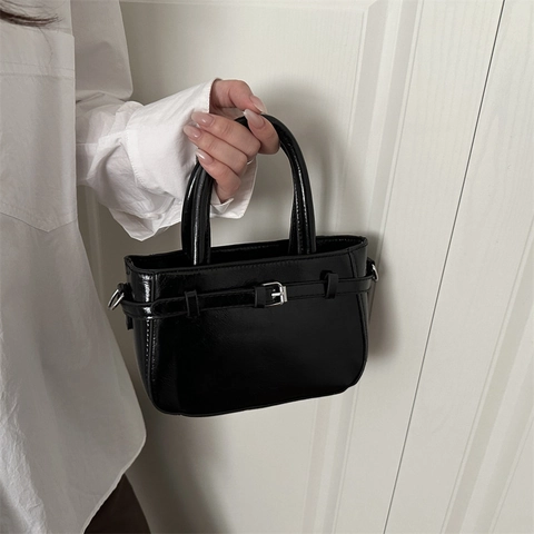 Retro Glossy PU Leather Small Handbag Decorative Belt Buckle Crossbody Shoulder Bag For Women Minimalist Vintage Style