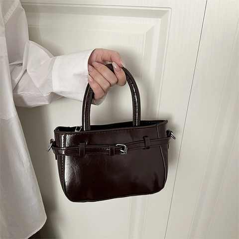 Retro Glossy PU Leather Small Handbag Decorative Belt Buckle Crossbody Shoulder Bag For Women Minimalist Vintage Style