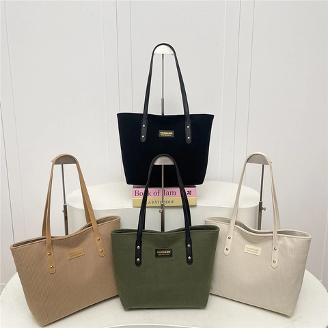 Corduroy Tote Bag Large Capacity Commuter Shoulder Bag PU Leather Straps Gold Rivets Retro Minimalist Casual Women