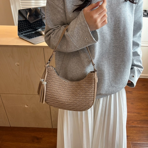 Women PU Leather Pleated Hobo Bag Shell Pattern Underarm Shoulder Bag With Tassel Rhinestone Decor Fashion Daily