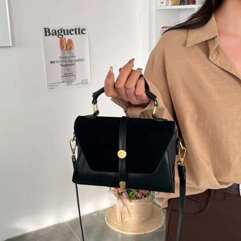 Borsa A Mano Retrò Donna Pelle PU Camoscio Splicing Borsa A Tracolla Manico Superiore Tracolla Regolabile Fibbia Dorata Quotidiano