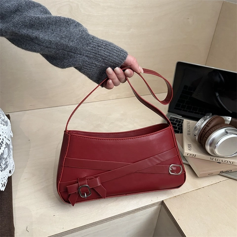 Women Underarm Shoulder Bag PU Leather Retro Belted Decoration Solid Color Vintage Street Fashion Handbag