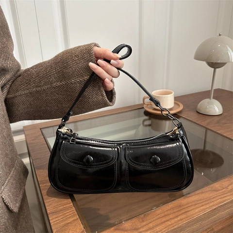 Retro Underarm Shoulder Bag For Women Glossy PU Leather Baguette Bag With Double Front Pockets Solid Color French Style