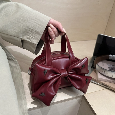 Bowknot Handbag PU Leather Star Rivet Crossbody Bag Fashionable Top Handle Tote For Women