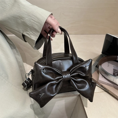 Bowknot Handbag PU Leather Star Rivet Crossbody Bag Fashionable Top Handle Tote For Women