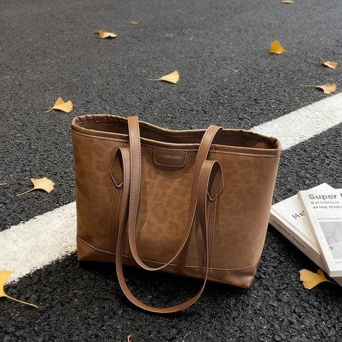 Vintage Leopard Print Tote Bag Large Capacity Suede Synthetic Leather Patchwork Shoulder Handbag For Women Daily Use