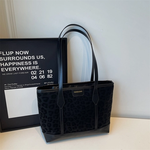 Borsa Tote Leopardata Da Donna Velluto Flanella Grande Capacità Borsa A Spalla Stile Urbano Vintage Chiusura Con Cerniera