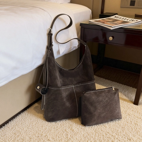 Sac à Bandoulière Hobo Femme Grande Capacité en Cuir PU Avec Pochette Assortie Sac Cabas Coutures Contrastées Finition Mate