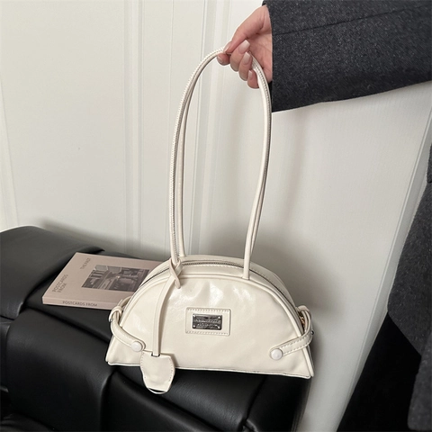 Women Shoulder Bag PU Patent Leather Semi Circular Underarm Purse Large Capacity Retro Solid Color Commuting Handbag