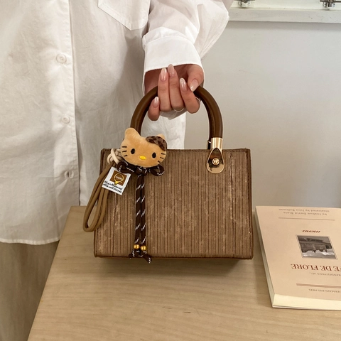 Women Vertical Texture PU Leather Handbag Retro Minimalist Square Crossbody Bag With Top Handle And Adjustable Shoulder Strap