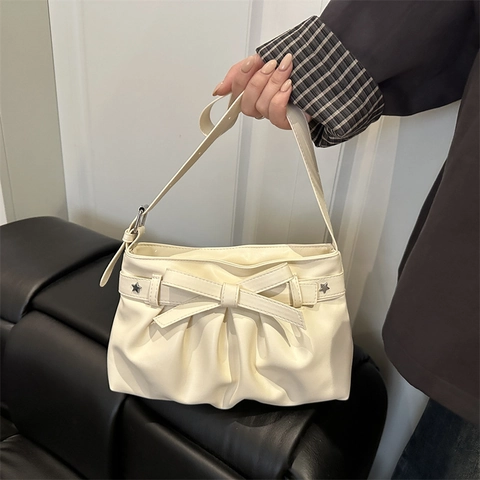 Dames PU Leer Onderarm Schoudertas Met Strik Geplooid Ontwerp En Ster Klinknagels Chic Y2K Stijl