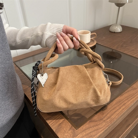 Ruched Faux Suede Handbag With Heart Charm And Knot Handle Vintage Dumpling Crossbody Bag For Women