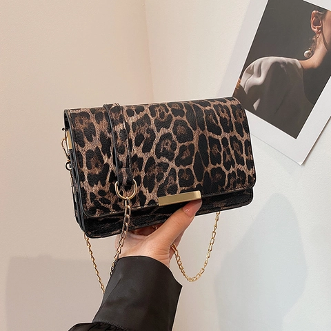 Sac À Bandoulière Imprimé Léopard En Cuir PU Mode Sac À Main Carré Avec Chaîne En Métal Pour Femmes