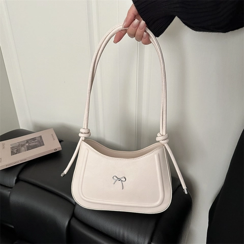 Women PU Leather Underarm Shoulder Bag Minimalist Hobo Handbag With Silver Metal Bow And Knot Strap Chic Vintage Style